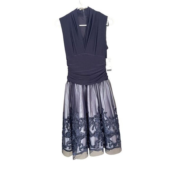 SLNY Missy Blue Fit & Flare Cocktail Party Dress Sleeveless Navy Size 6 Stretch - Picture 2 of 16